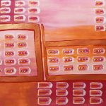 Gruppenformation von rechteckigen Elementen in weiss mit Rotem Innenleben verteilt auf einen pink/rot/orange farbenen Untergrund