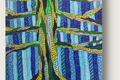 Künstlerin: Andrea (Via Nacre)Titel: Baum auf BlauEntstehungsdatum: 30.04.2026Technik: AcrylPen auf CanvasPanel (Malleiste)Format: 25 x 25 cm (Quadrat)Gattung: Abstrakt-vegetative, grafische Malerei