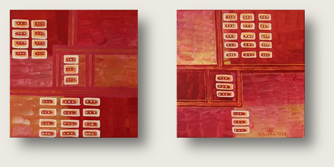 Das Kunstwerk präsentiert sich als zweiteiliges Set (Diptychon) auf zwei quadratischen Leinwänden von jeweils 30 mal 30 Zentimetern. Die Komposition ist strikt non-figurativ, evoziert nun jedoch in der Anordnung das Bild einer geordneten Aufstellung.Untergrund und atmosphärischer Raum:Der Hintergrund ist in einem tiefen, unruhigen Rot gehalten. Der Farbauftrag ist nicht glatt oder gleichmäßig, sondern fleckig und wolkig schattiert. Dadurch entsteht eine visuelle Unruhe, die an ein loderndes Energiefeld, Rauch oder eine hitzige Atmosphäre erinnert.Die Formations-Elemente:Zentral auf jeder Leinwand befindet sich eine dichte, rasterartige Ansammlung kleiner Einheiten. Sie sind in fast militärischer Präzision in Reihen und Gliedern nebeneinander und untereinander aufgestellt, wodurch sie einen Block im Zentrum des Quadrats bilden.Jedes einzelne Element besteht aus einer stark deckenden, pastosen weißen Umrandung. Diese weißen Konturen wirken wie starre, schützende Kapseln oder Schilde. Im Inneren jeder weißen Kapsel befindet sich ein roter Kern – hier wurde die weiße Farbe weggelassen, sodass das unruhige Rot des Hintergrunds wie ein pulsierendes „Herz“ oder ein verletzliches Innenleben hindurchschaut. Die weißen Linien stehen so dicht beieinander, dass sie eine geschlossene Front bilden, die sich haptisch leicht erhaben vom roten Untergrund abhebt.