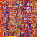 Acryl auf Leinwand 60 x 40 cm Dieses ausdrucksstarke Gemälde fasziniert durch ein dichtes, gitterartiges Mosaik aus unzähligen kleinen Farbquadraten, die an die beleuchteten Dächer einer pulsierenden Metropole erinnern. Ein warmer Hintergrund in intensivem Rot und Orange bildet die leuchtende Basis, auf der strukturierte, geometrische Formen in kühlem Blau, sanftem Violett und hellem Weiß lagern, jedes kleine Rechteck wirkt wie ein einzelnes Gebäude von oben