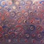 Auf einem Untergrund aus dunklen Violett-Tönen sind - die Leinwand ausfüllend - an die hundert spiralartige Kreise aus vielen gedeckten Farben, das Gelb sticht hierdurch in seinen spiralförmigen Erscheinungen besonders heraus.
