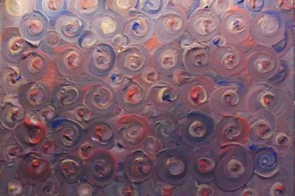 Auf einem Untergrund aus dunklen Violett-Tönen sind - die Leinwand ausfüllend - an die hundert spiralartige Kreise aus vielen gedeckten Farben, das Gelb sticht hierdurch in seinen spiralförmigen Erscheinungen besonders heraus.