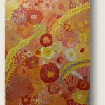 Eine All-Over Malerei mit Gelben und Orangen Blüten, die Leinwand pastös dicht an dicht ausfüllend
