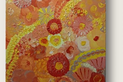 Eine All-Over Malerei mit Gelben und Orangen Blüten, die Leinwand pastös dicht an dicht ausfüllend