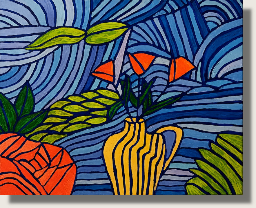 Das Kunstwerk ist ein querformatiges Acrylgemälde auf Leinwand mit den Maßen 50 mal 40 Zentimeter. Es zeigt eine expressive, stark stilisierte Interpretation eines Blumenstilllebens vor einem dicht gemusterten Hintergrund.Das Zentrum (Das Stillleben):Exakt in der vertikalen Bildmitte steht eine bauchige, markante Vase. Ihre Oberfläche ist mit einem kontrastreichen, grafischen Muster aus abwechselnd leuchtend gelben und tiefschwarzen Längsstreifen versehen. Aus der Öffnung der Vase wachsen mehrere feine, filigrane Stängel nach oben, an denen zarte, leuchtend orangefarbene Blütenköpfe sitzen.