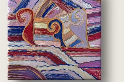 Das Kunstwerk ist ein quadratisches Tast- und Sichtrelief mit den Maßen 30 x 30 Zentimeter. Beim Ertasten der Leinwand spüren die Finger sofort eine reliefartige Landschaft aus Erhebungen und Tälern. Die Acrylfarbe wurde so dick aufgetragen, dass die physischen Pinselspuren und tiefen Borstenfurchen dauerhaft im Material verewigt und erstarrt sind. Die Finger können diesen plastischen Linienführungen direkt folgen. Es fühlt sich an, als würde man mit den Fingerspitzen über die dicken, gespannten Saiten eines Musikinstruments streichen.
