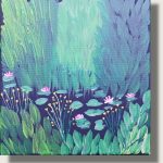 Das Kunstwerk ist ein quadratisches Gemälde auf Leinwand. Es zeigt ein üppiges, dicht bewachsenes Gewässer im Hochsommer – eine von Flora dominierte Teichszene. Die Oberfläche weist im oberen Bereich einen stark fühlbaren, vertikalen Pinselduktus auf.