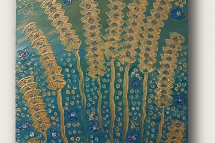 Papyrusförmige Pflanzen in Goldener Farbe vor "Ägyptisch-Grünem" Hintergrund