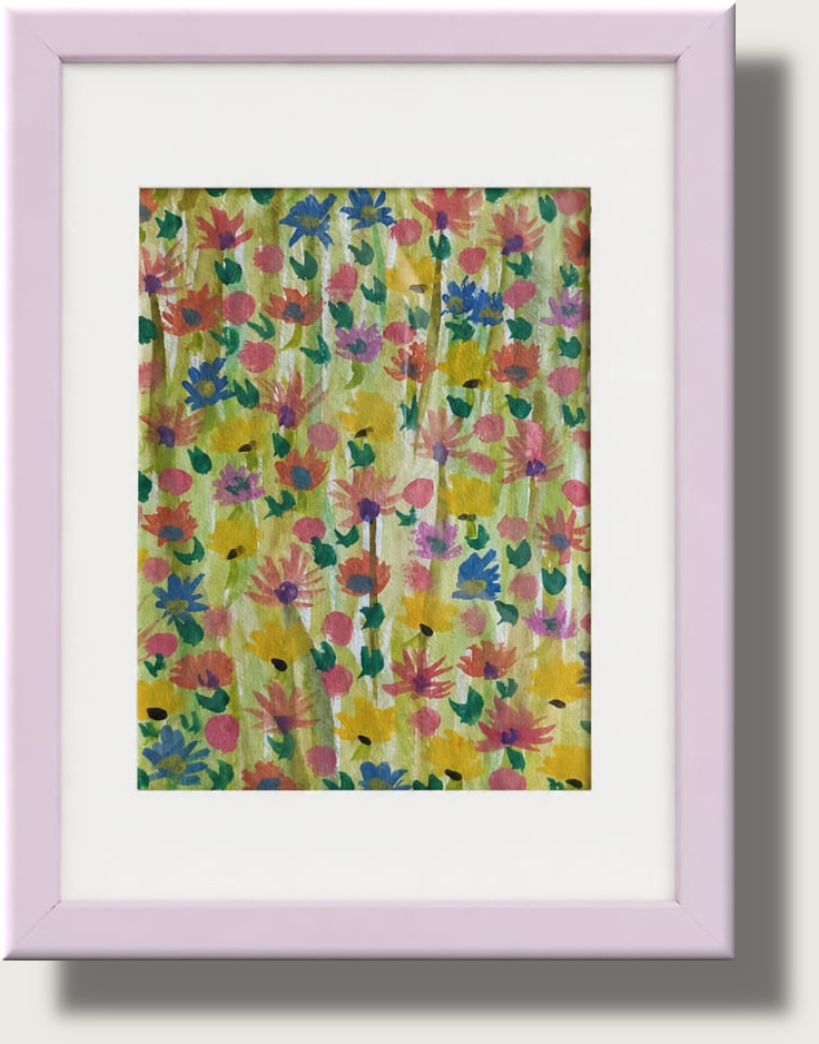 Bunte Blumenwiese mit dicht aneinandergereihten blauen, rosa, gelben und orangefarbenen Blüten auf hellgrünem Grund.