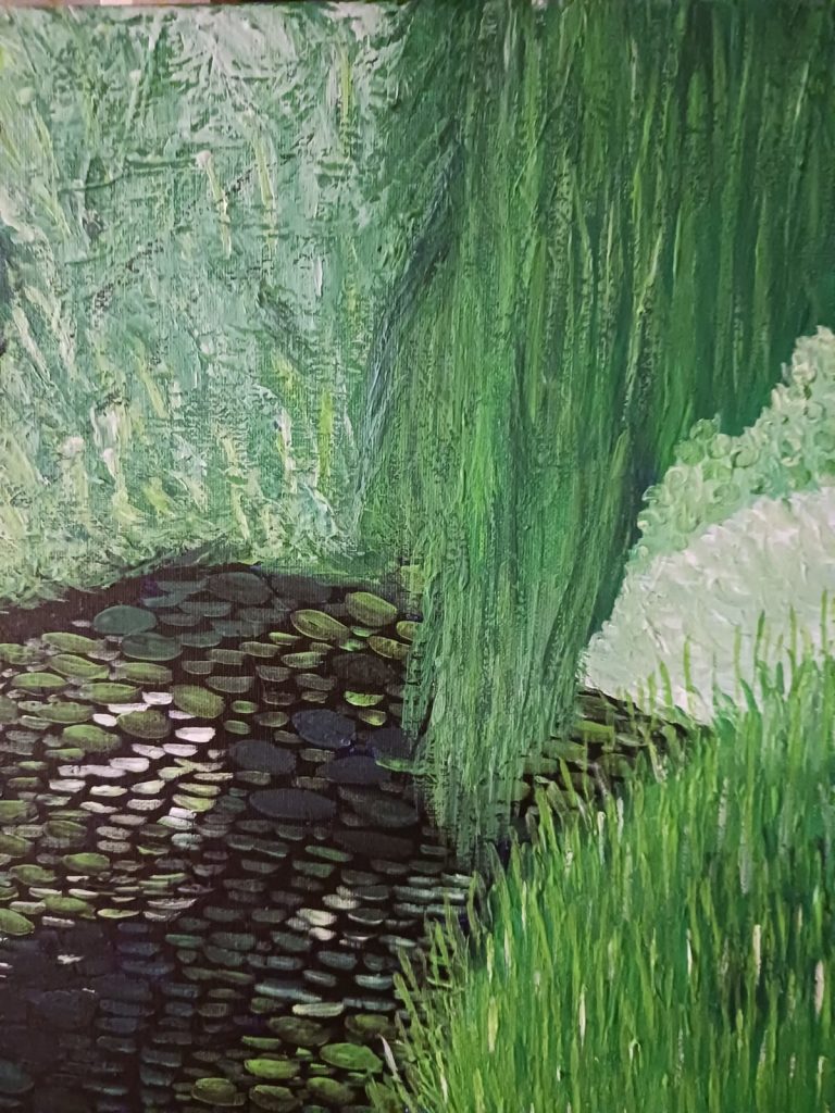 Expressionistisches Acrylgemälde eines dunklen Seerosenteichs mit grüner Trauerweide und dichtem Schilf in pastöser Maltechnik.