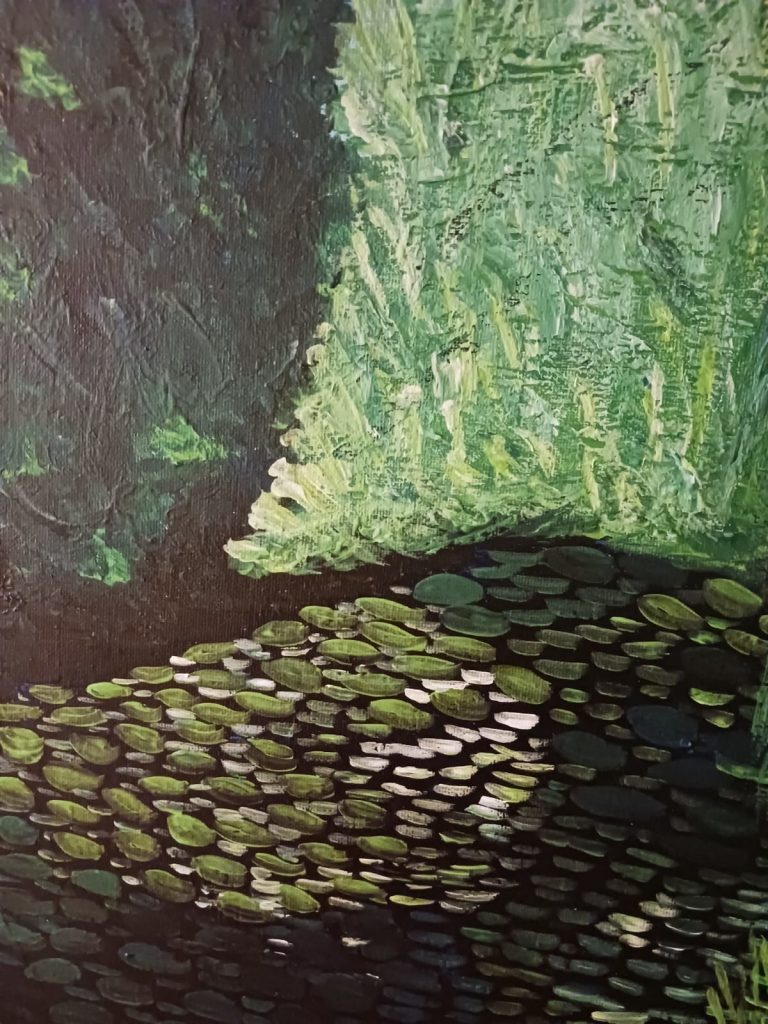 Expressionistisches Acrylgemälde eines dunklen Seerosenteichs mit grüner Trauerweide und dichtem Schilf in pastöser Maltechnik.