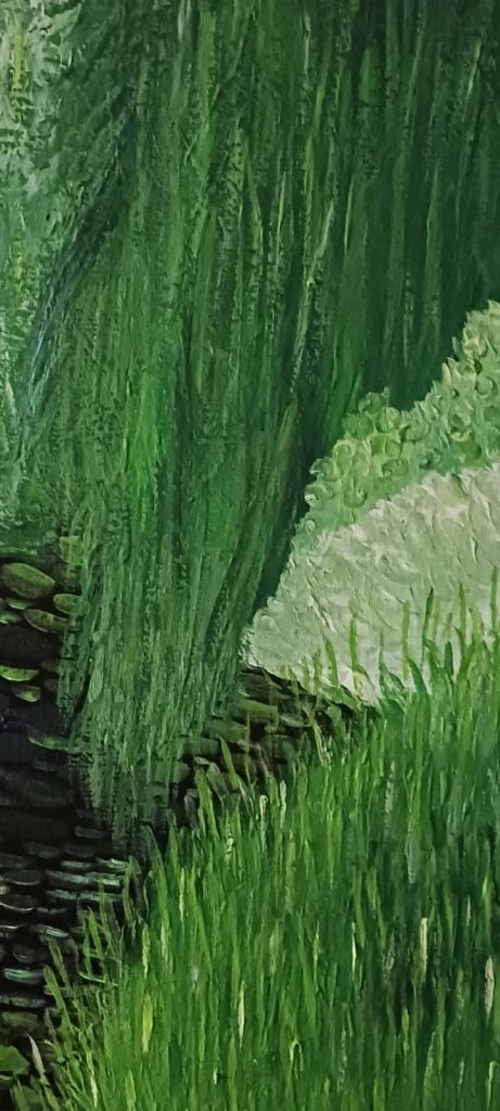 Expressionistisches Acrylgemälde eines dunklen Seerosenteichs mit grüner Trauerweide und dichtem Schilf in pastöser Maltechnik.
