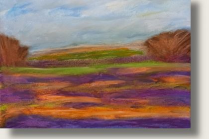 Ölkreide auf Aquarellpapier, DIN A4 Quer, eine farbenfrohe Maasdünenlandschaft im Herbst bei beginnender Abenddämmerung