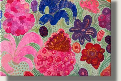Acryl auf Leinwand, 85 x 65 x 1,5 cm, Phantasieblumen auf matt-mintgrünem Hintergrund