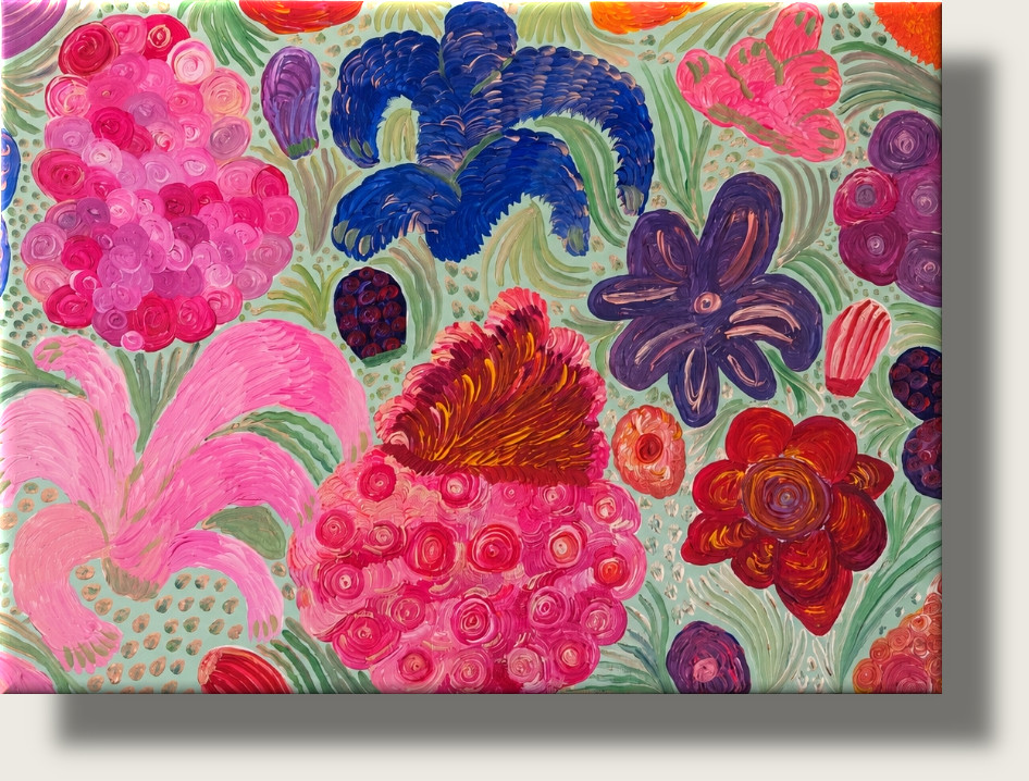 Acryl auf Leinwand, 85 x 65 x 1,5 cm, Phantasieblumen auf matt-mintgrünem Hintergrund