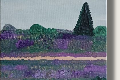 Lila Heidelandschaft der Maasdünen mit einem hellen Sandweg, grünen Büschen und einer dunklen Tanne vor blassem Himmel.