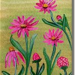 Farbenfrohes Blumenbild in Pink und Grün als Mixed-Media-Kunstwerk aus Acryl und Ölkreide auf Aquarellpapier