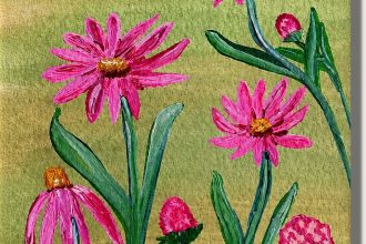 Farbenfrohes Blumenbild in Pink und Grün als Mixed-Media-Kunstwerk aus Acryl und Ölkreide auf Aquarellpapier
