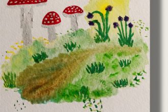Aquarellbild auf Aquarellpapier, Pilze am Rande eines Waldes, Nahansicht