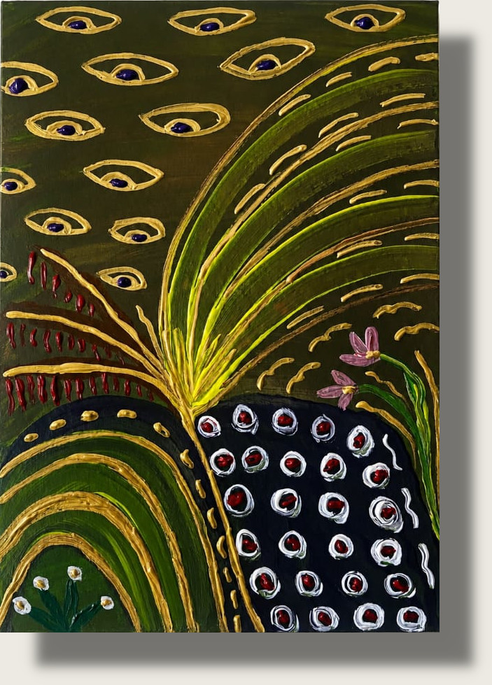 Abstraktes Acrylgemälde im surrealen Stil mit goldenen Augen am Himmel, einer fächerartigen Palme in der Mitte und gemustertem Boden in Grün und Schwarz